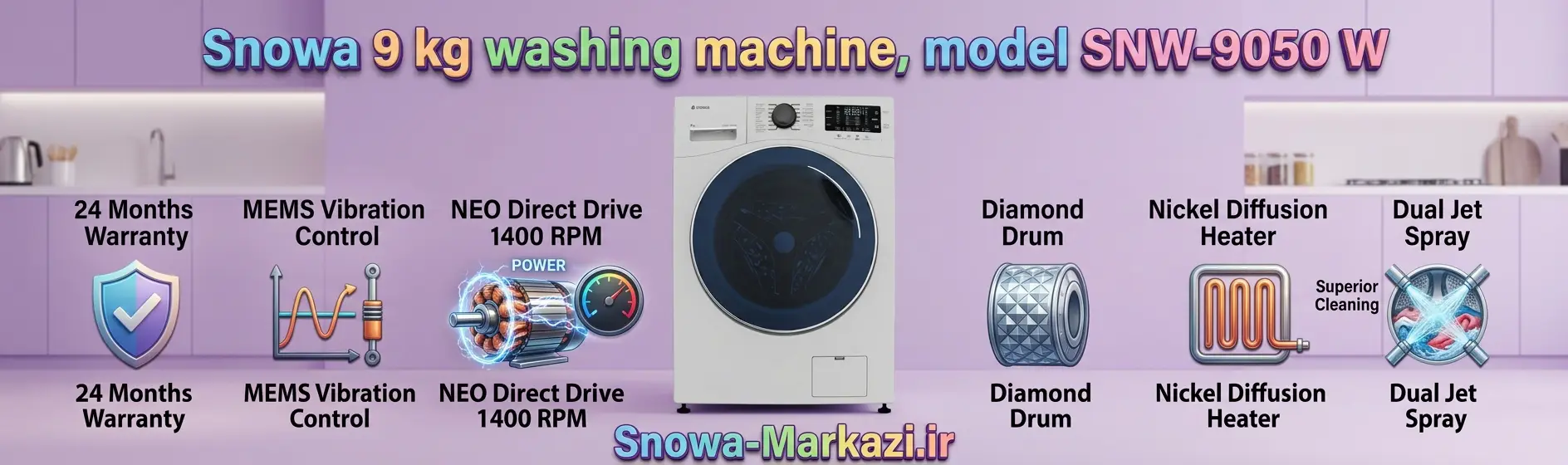 نوع موتور NEO Direct Drive حداکثر سرعت خشک کن 1400 دور در دقیقه نوع دیگ درام الماسه سیستم گرم کننده Nickel Diffusion سیستم اسپری آب و مواد شوینده Dual Jet