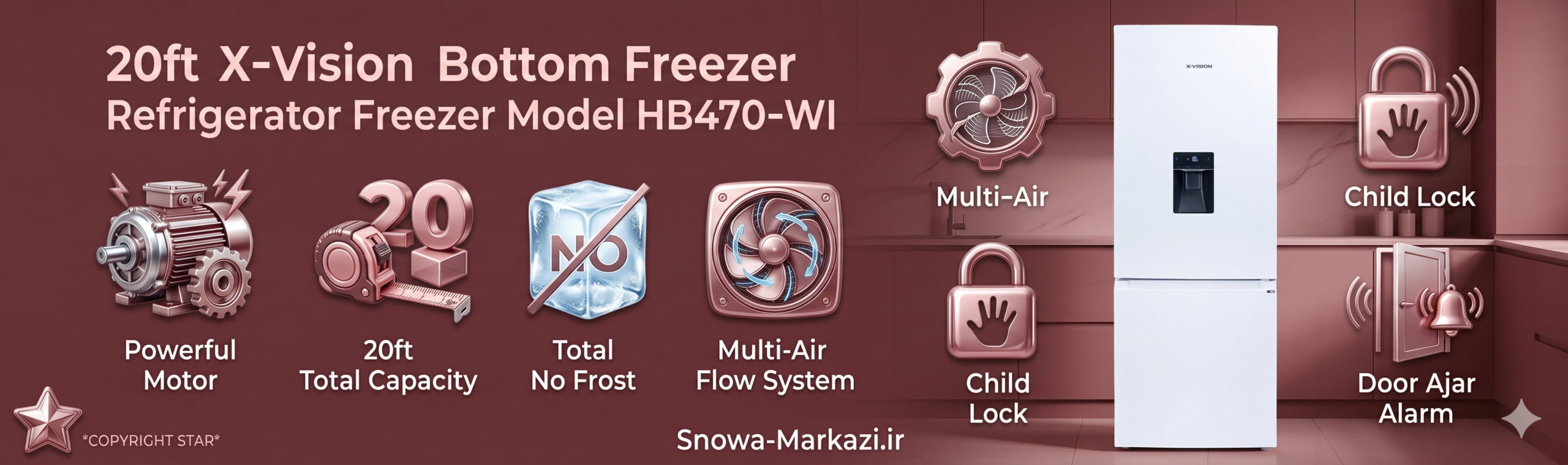 یخچال فریزر طرح فریزر پایین 20 فوت ایکس ویژن مدل HB470-WI